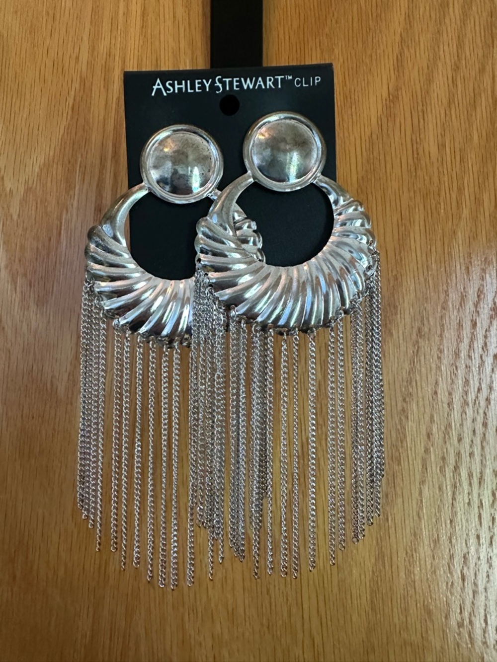 Ashley Stewart Silver Crescent Fringe Clip-On Earrings